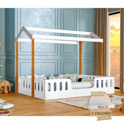 Cama Infantil Com Colchão Casal Casinha Segura Montessoriana Ágatha - Branco/Mel - Cor: Branco