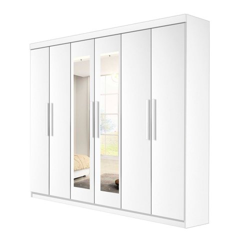 Guarda-roupa Casal com Espelho, 6 Portas e 04 Gavetas Leblon D'doro Móveis - Branco D'doro Móveis