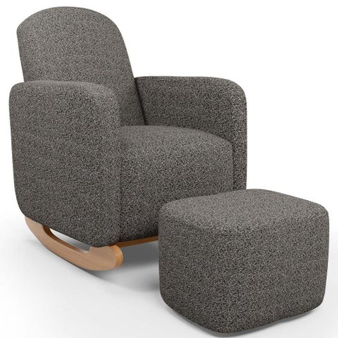 Poltrona de Amamentação com Balanço e Puff Orgânico Saori W01 Linho Mescla Chumbo - Lyam Decor