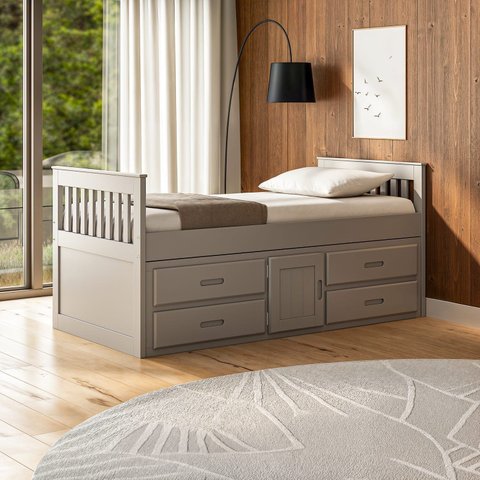 Cama Solteiro com 04 Gavetas e 01 Porta Funcional de Madeira Maciça - Cinza