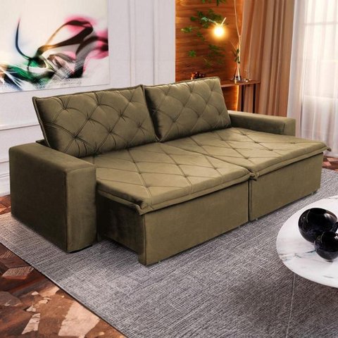 Sofá Cama Bangkok sem Caixa 2,10m Retrátil e Reclinável com Molas Velut Bege- King House