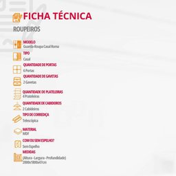 Guarda Roupa Casal Roma Mdf 6 Portas e 2 Gavetas Moderna - 6