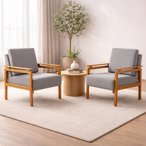 Kit 2 Poltronas Decor Pés Madeira Maciça Yasmin Linho Cinza