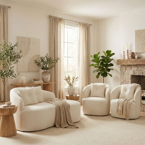 Kit de 01 Sofá Orgânico Curvo Feijão + 02 Poltronas Confortável Sala Estúdio Amore Bouclê Branco - M