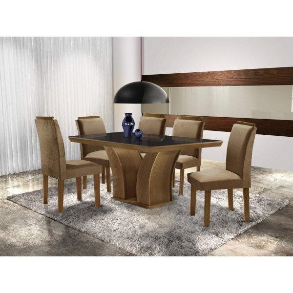 Conjunto Sala de Jantar Mesa Tampo MDF/Vidro Leblom 6 Cadeiras Pietra Tik Plus Espresso Móveis - 1