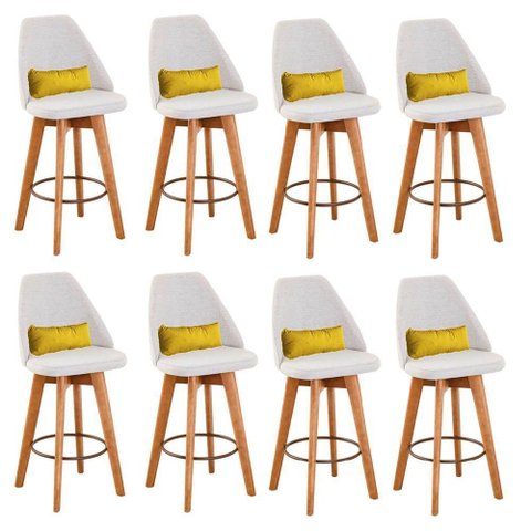 Kit 08 Banquetas Linho Bege E Almofada Amarelo