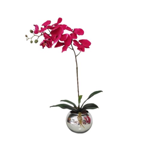Arranjo No Vaso Prata Flores Artificial Orquideas Vermelha