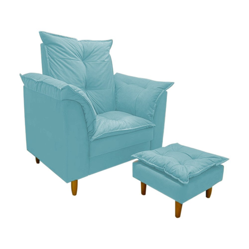 Poltrona Amamentação azul turquesa suede Com Puff Cadeira Para Leitura Descanso