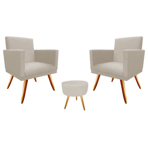 Kit 2 Poltronas Decorativa Bia + Puff Redondo Suede Bege Pés Madeira Mz Decor