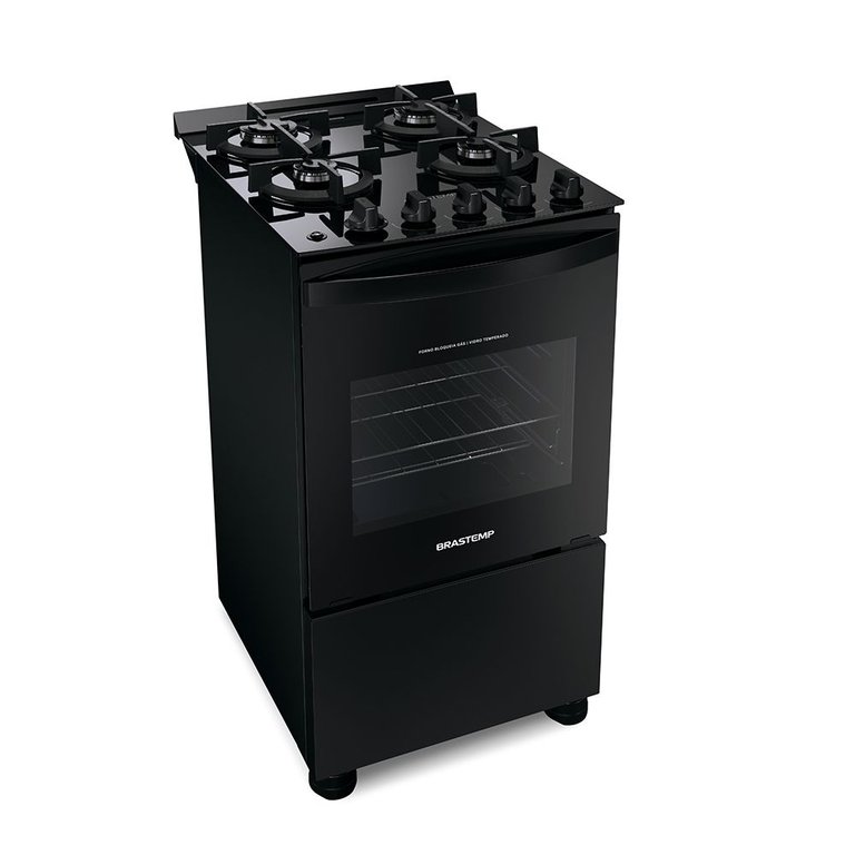 Fogão Brastemp Piso 4 Bocas com Mesa de Vidro e Grades Duplas de Ferro Fundido Preto Bivolt Bfo4vae