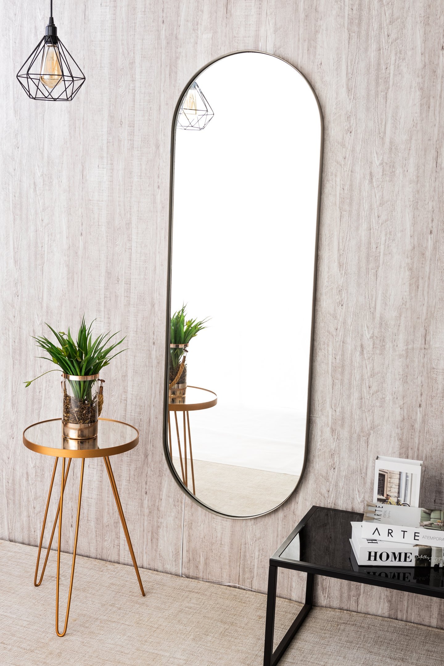 Espelho Decorativo Grande Oval com Moldura Metal Corpo Inteiro 170 X 70 Cm Industrial Chumbo