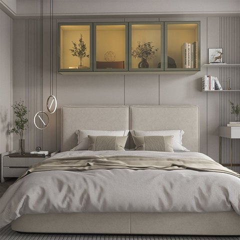 Módulo Aéreo 4 Portas com Vidro Reflecta e LED 100% MDF Concept Bege/Off White
