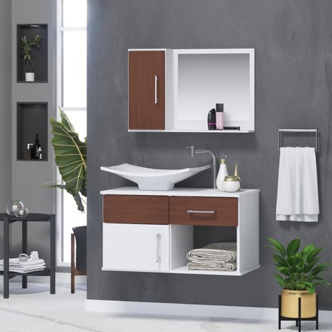 Gabinete Banheiro New Stilo 60 Cm Armário com Cuba e Espelheira:natura