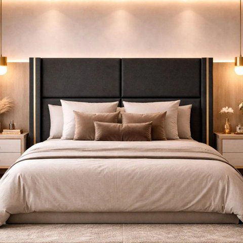 Cabeceira Grecia Estofada Luxo King com Detalhes Dourado Cinza Bz Home