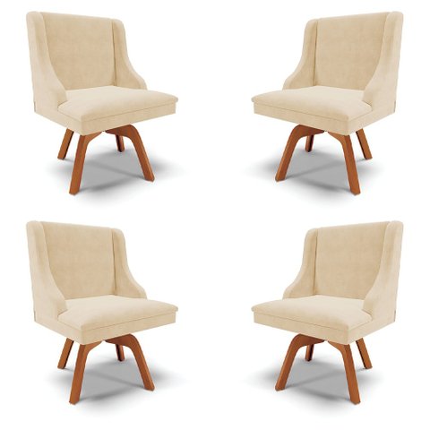 Kit 4 Cadeiras Decorativas Sala de Jantar Base Giratória de Madeira Firenze Suede Bege/Natural G19 -