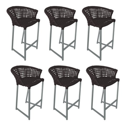 Kit 6 Banquetas Reis em Corda Náutica e Base em Alumínio Cinza para Área Gourmet - Externa Marrom
