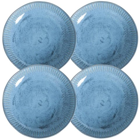 Jogo 4 Pratos Fundos 22,5cm Cerâmica Azul 830ml Linhas Breeze Porto Brasil Mesa Posta Sopa Massa