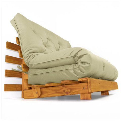 Sofá Cama Casal Futon Tokio D33 Madeira Maciça Cor Mel - Cinza - Bege Claro