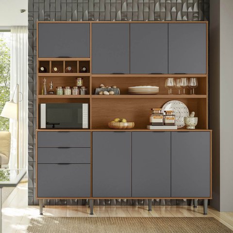Armário Cozinha Compacta Viena Jequitibá/Cinza Fosco 8 portas 2 Gavetas Adega para 4 Garrafas e Pés 