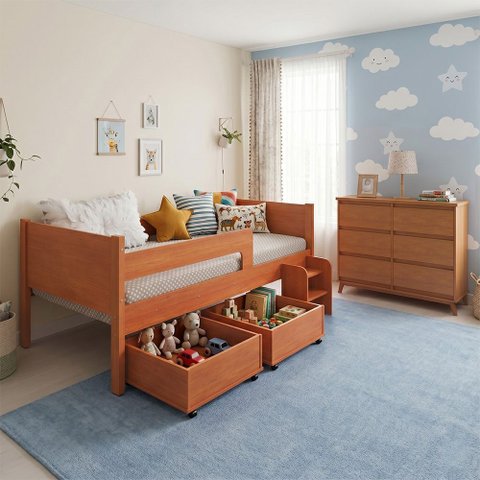 Conjunto Cama Infantil Luna Plus 2 Baús e Escada + Cômoda Londres 6 Gavetas Nature