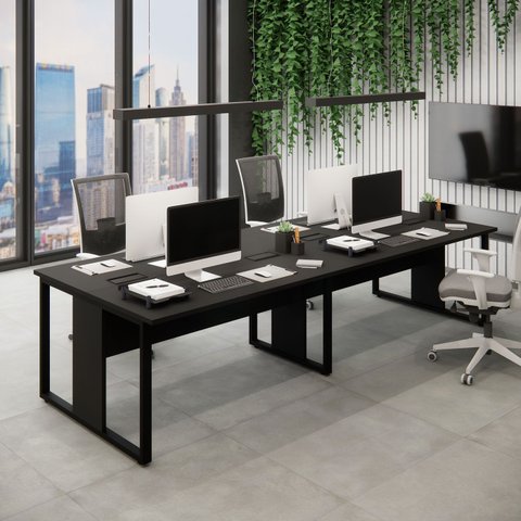 Mesa de Escritório Plataforma 3,0m 4 Pessoas Pre Pés Metal Cor:preto