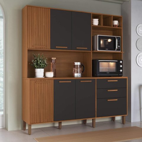 Armário de Cozinha Compacta Fidelitá Barcelona 180cm 7 Portas 2 Gaveta com Tampo e Fundo Freijó/