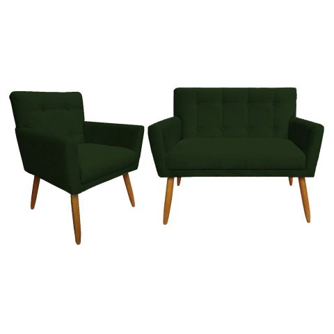 Kit Namoradeira + 1 Poltrona Decorativa Onix Suede Verde Pés Madeira Mz Decor