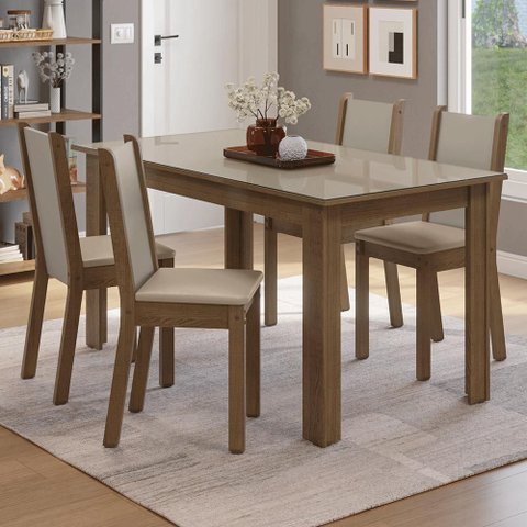 Conjunto Sala de Jantar Magnólia Mesa Tampo de Vidro 4 Cadeiras Rustic/crema/sintético Bege Madesa