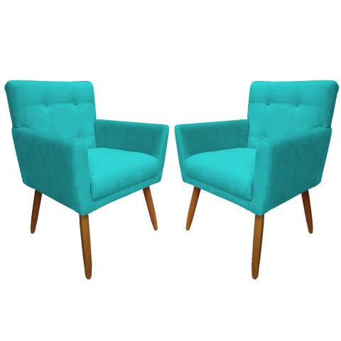 Kit 2 Poltronas Decorativa Onix Suede Azul Tifany Pés Madeira Mz Decor