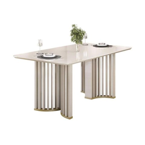 Mesa de Sala Jantar Luma C/ Tampo Madeirado C/ Vidro Curvo 180x100cm Off White/off White - Dj Mó