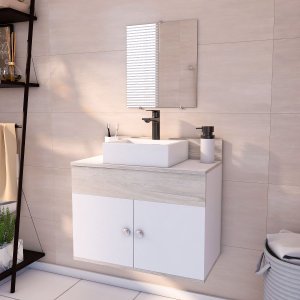 Gabinete para Banheiro de Madeira com Cuba e Espelho 60cm Suspenso