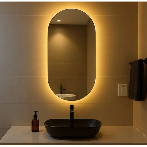 Espelho Oval com Luz Quente de Parede Decoração Quarto Sala Vidro Lapidado com Suporte 80x50cm