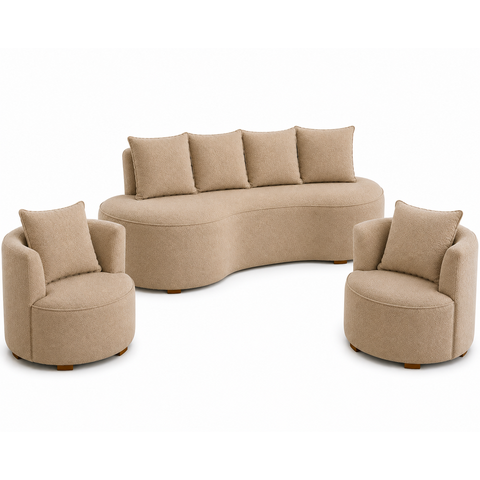 Kit Sofá Orgânico 210 cm 2 Poltronas Orgânico  Bouclê Capuccino Premium Belufan Mvs