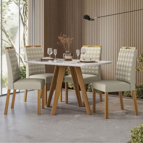 Mesa Jantar Ambiente Mariah 120x80 cm c/Vidro Ype Off White+4 Cadeiras Mariana Veludo Nude–New