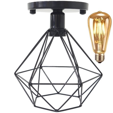 Lustre Teto Plafon + Lâmpada Led St64 Industrial Aramado Diamante Retrô Luminária Vintage Preto