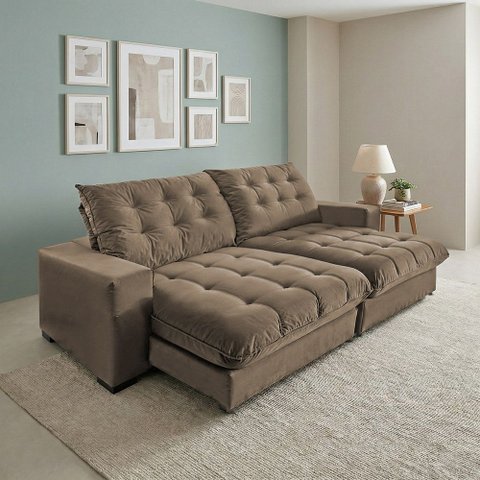 Sofá Retrátil e Reclinável 2,50m Molas Ensacadas Pillow Top Suede Califórnia Marrom Castor