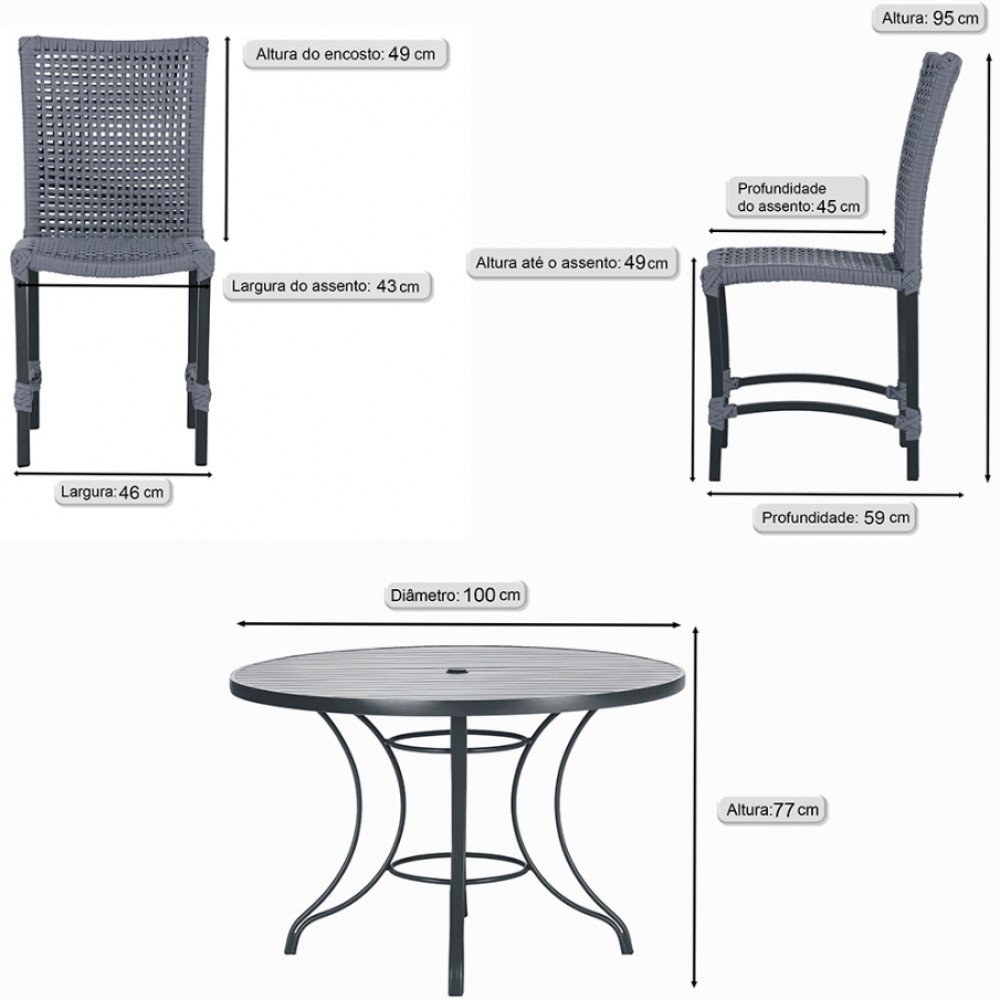 Mesa Ascoli 100 Cm com 4 Cadeiras Cannes de Alumínio, Pintura Preta e Trama Tela de Corda Náutica - 2