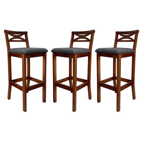 Kit 3 Banquetas Alta para Balcão Madri Madeira Castanho Suede Cinza CCS