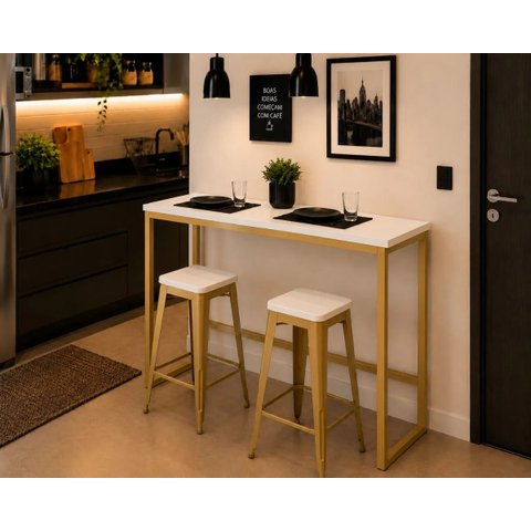Mesa Jantar Aparador Bancada Alta Industrial 120x60cm Tampo Branco Pés Dourado