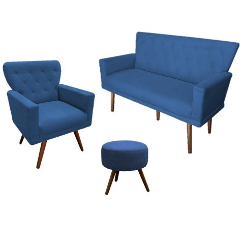 Kit Namoradeira + 1 Poltrona Decorativa Aurora + Puff Redondo Suede Azul Marinho Pés Madeira Ms Deco