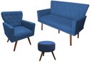 Ver imagem 1 de Kit Namoradeira + 1 Poltrona Decorativa Aurora + Puff Redondo Suede Azul Marinho Pés Madeira Ms Deco