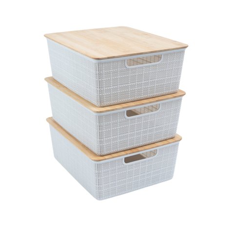 Kit 3 caixas organizadoras tampa de bambu 12l branca - Oikos