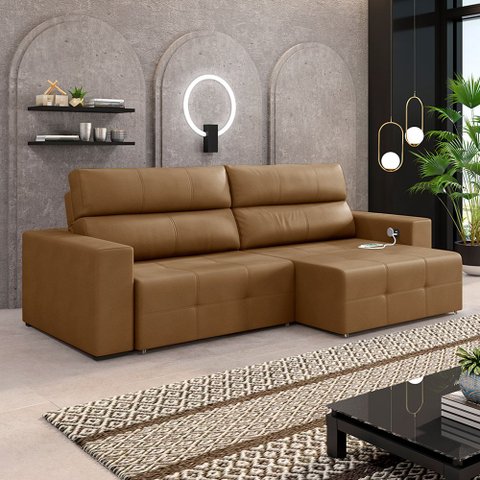 Sofá Retrátil 4 Lugares 264cm 2 Módulos Nero com USB Couro Caramelo G52 - Gran Belo