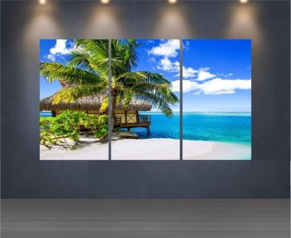 Quadro Mosaico Paisagem Praia 3 Peças 1,20x0,70cm Ref 05 - 1