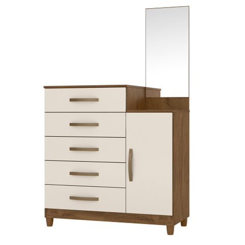 Cômoda 5 Gavetas e 1 Porta com Espelho Lisboa Castanho Wood Baunilha 937391 Moval
