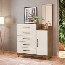 Cômoda 5 Gavetas e 1 Porta com Espelho Lisboa Castanho Wood Baunilha 937391 Moval - 3