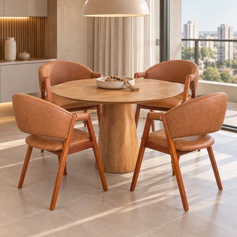Mesa Cone Tampo 90cm Redondo & 4 Cadeiras Lithi Durango com Braços Design Elegante
