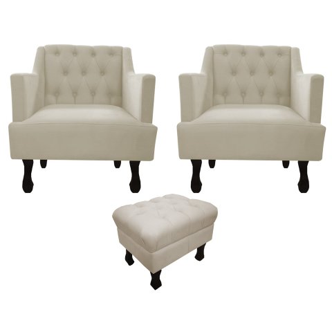 Kit 2 Poltronas Decorativa Julia + Puff Luis Xv Suede Bege Pés Madeira Mz Decor