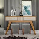 Ver imagem 5 de Kit 2 Puff Redondo Luxo Pés em Madeira Luna Linho Moderno Conforto Penteadeira Cor Cinza