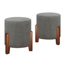 Ver imagem 1 de Kit 2 Puff Redondo Luxo Pés em Madeira Luna Linho Moderno Conforto Penteadeira Cor Cinza
